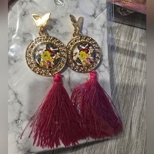 Gold Floral Butterfly Tassel Earrings - Pink Tassels